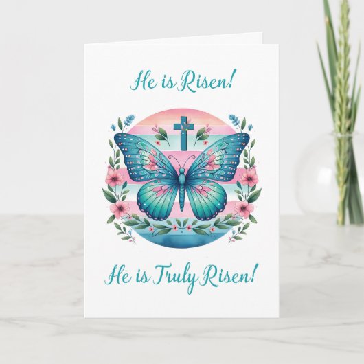 Easter Christian Risen Lord Butterfly in Teal Pink Kaart (Voorkant)