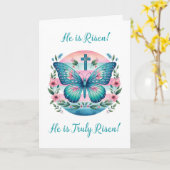 Easter Christian Risen Lord Butterfly in Teal Pink Kaart (Gele Bloem)