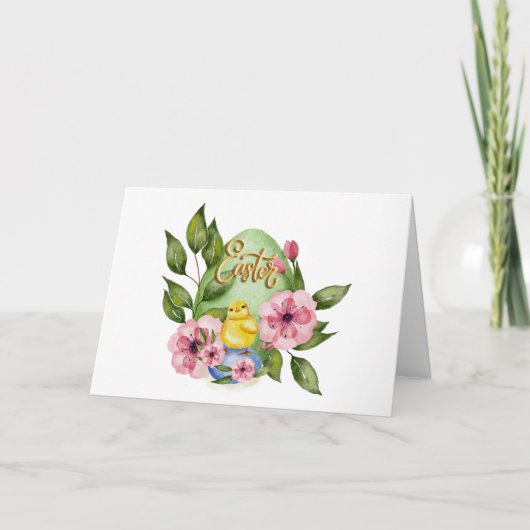 Easter Egg, Baby Chick, Pink Spring Flowers  Kaart (Voorkant)