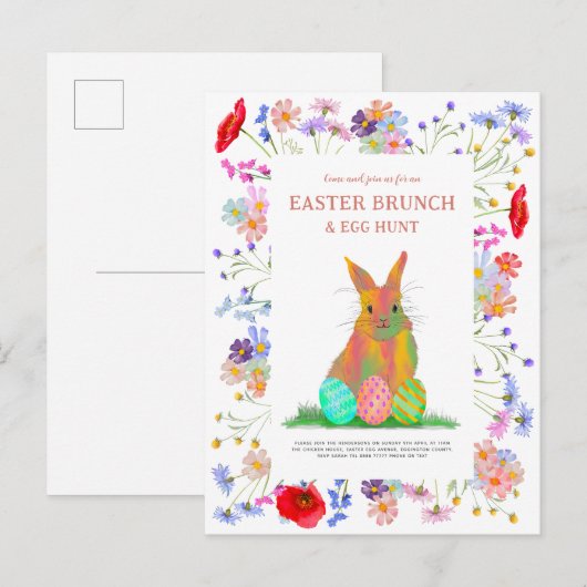 Easter Egg Hunt en Brunch Bloemenkonijn Uitnodiging Briefkaart (Voorkant / Achterkant)