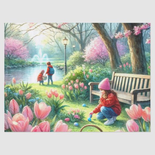 Easter Egg Hunt Kinderen en Roze Tulpen Tissuepapier (Voorkant)