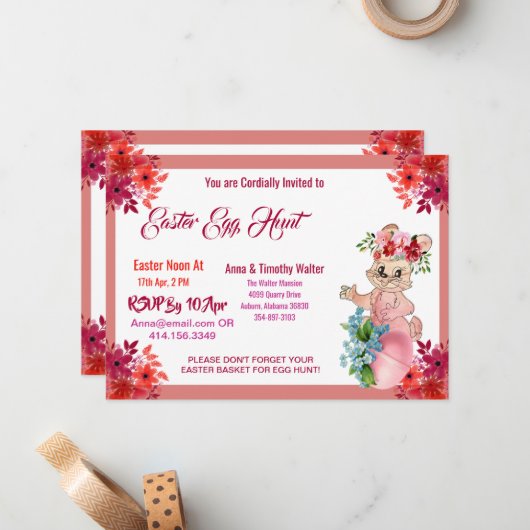 Easter Egg Hunt Waterverf Floral Bunny Kind nodigt Notitiekaartje (Voorkant / Achterkant in situ)