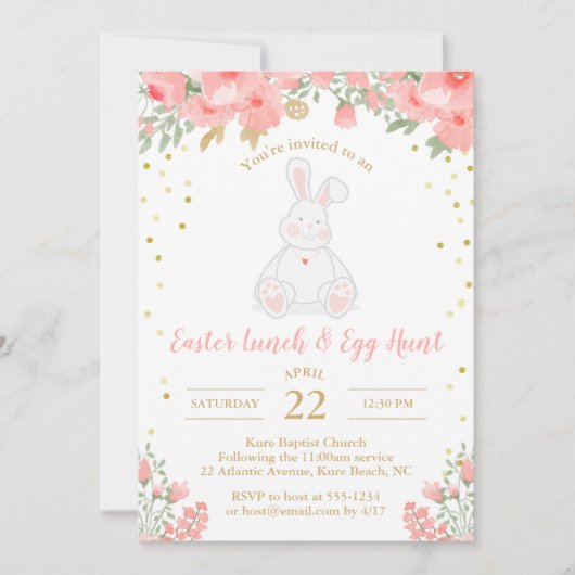 Easter Egg Hunt Waterverf Floral Bunny Pink Gold Kaart (Voorkant)
