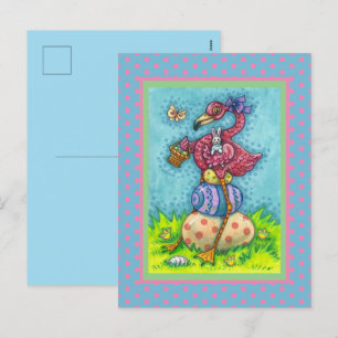 EASTER EGGS AND CUTE BABY PINK FLAMINGO WITH BUNNY FEESTDAGENKAART