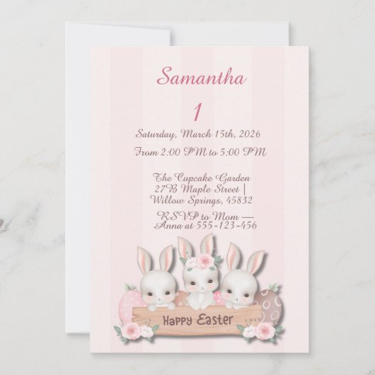 Easter First Birthday Invite - Kawaii Bunnies  Kaart (Voorkant)