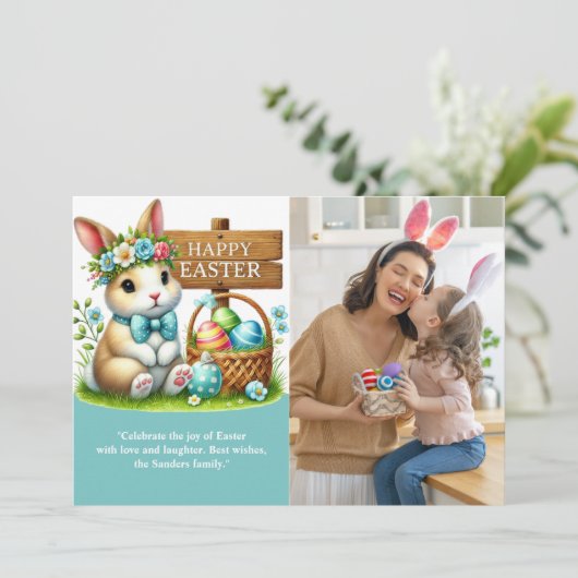 Easter Greetings! Adorable Bunny with Family Photo Kaart (Staand voorkant)