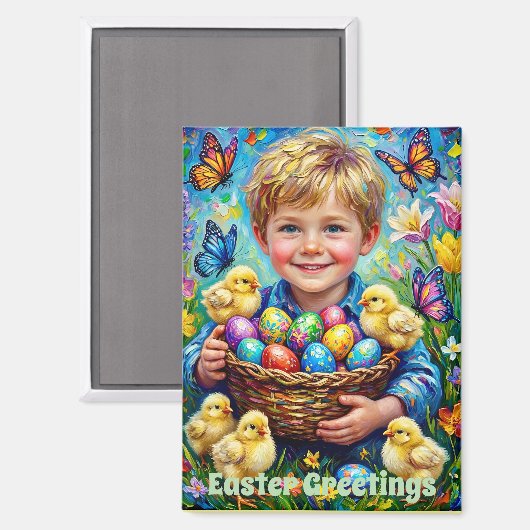 ~ EASTER GREETINGS ~ Child Chicks Eggs ~  Magnet (Voorkant / Achterkant)