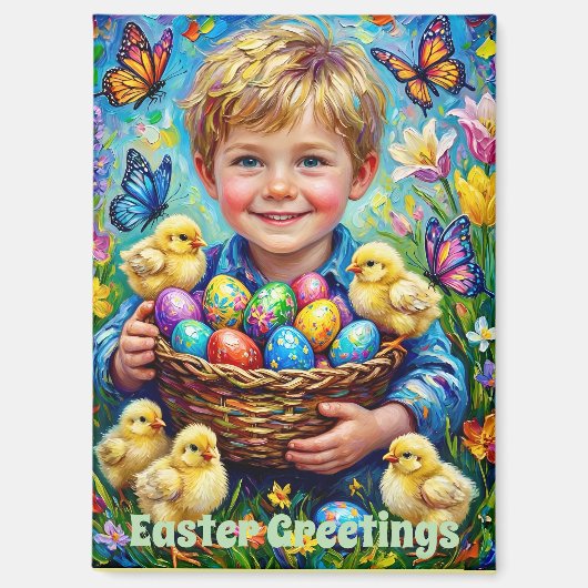 ~ EASTER GREETINGS ~ Child Chicks Eggs ~  Magnet (Voorkant)