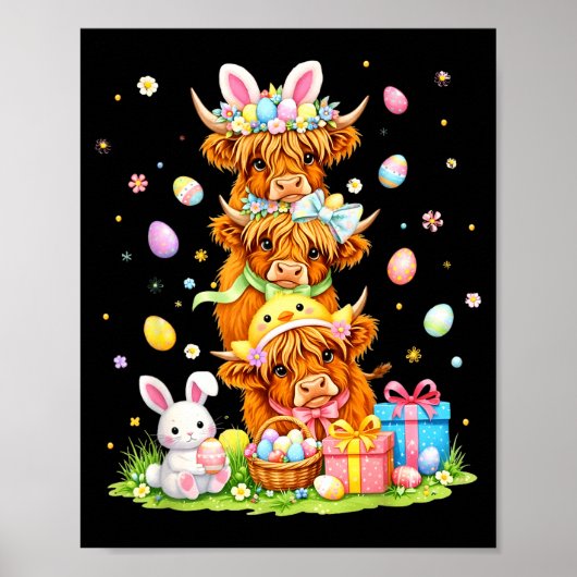 Easter highland cows coquette bow bunny eggs easte poster (Voorkant)