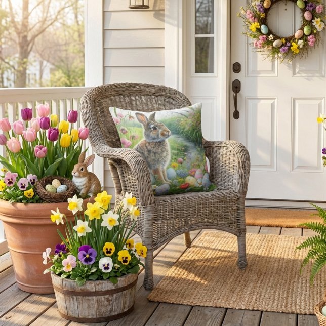 Easter Holiday Rabbit Nature  Buitenkussen (spring season porch or patio outdoor pillow. )