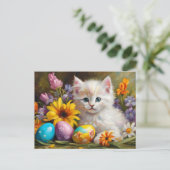 Easter Kitten with Flowers and Painted Eggs  Feestdagenkaart (Staand voorkant)