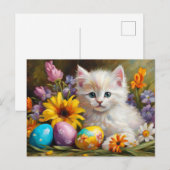 Easter Kitten with Flowers and Painted Eggs  Feestdagenkaart (Voorkant / Achterkant)