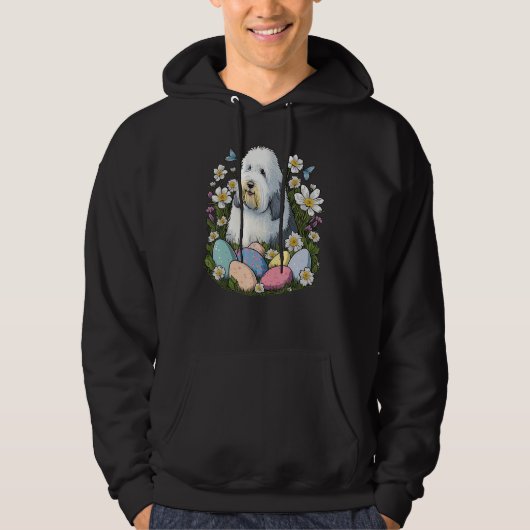 Easter Old English Sheepdog Bunny Eggs Dog on East Hoodie (Voorkant)