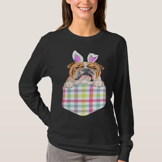 Easter Plaid Bulldog Bunny Dog In Pocket T-shirt (Voorkant)