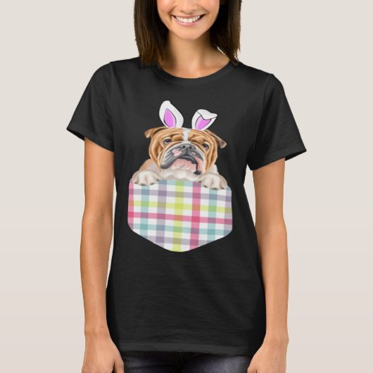 Easter Plaid Bulldog Bunny Dog In Pocket T-shirt (Voorkant)