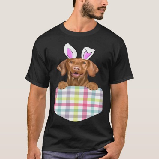 Easter Plaid Vizsla Bunny Dog In Pocket T-shirt (Voorkant)