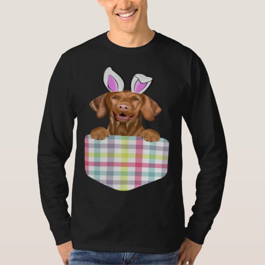 Easter Plaid Vizsla Bunny Dog In Pocket T-shirt (Voorkant)