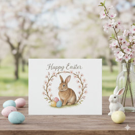 Easter Rabbit and Cherry Blossom Wreath  Briefkaart