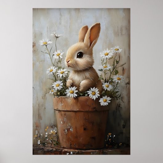 Easter Rabbit Bunny In Flower Pot Print, Rustic Poster (Voorkant)