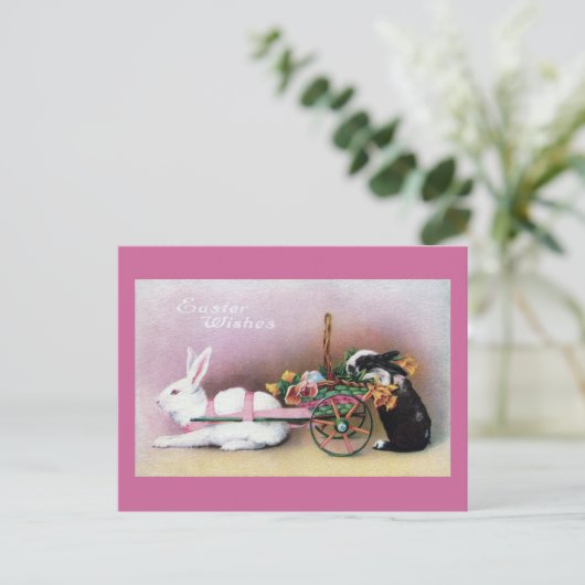 Easter Rabbit Pulling Flower Cart Feestdagenkaart (Staand voorkant)