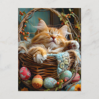 Easter Season Cute Cat Sleeping in Wicker Basket Briefkaart