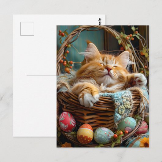 Easter Season Cute Cat Sleeping in Wicker Basket Briefkaart (Voorkant / Achterkant)