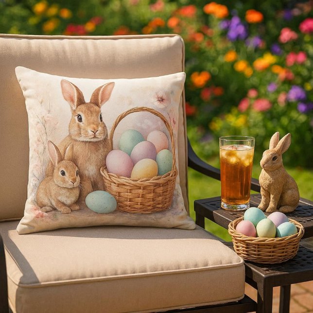 Easter / Spring  Rabbit & Colored Eggs  Buitenkussen (Outdoor living space decor...Easter throw pillow with Rabbit and Eggs.  Mockup )
