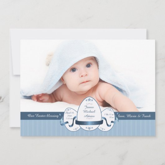 Easter Three Blue Photo Birth Announcement Feestdagenkaart (Voorkant)