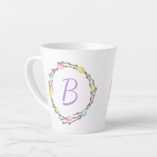 Easter Willow Wreath With Monogram And Pastel Eggs Latte Mok (Linkerhoek)