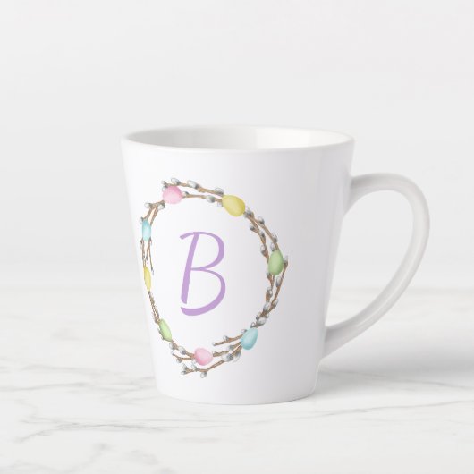 Easter Willow Wreath With Monogram And Pastel Eggs Latte Mok (Rechts)