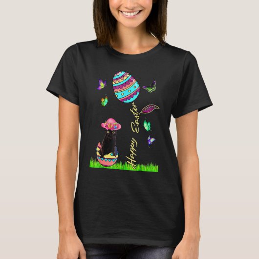 Easter Women Lucky Black Cat Bunny Easter Bonnet T-shirt (Voorkant)
