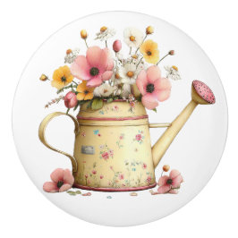 Easter Yellow Pink Watering Can of Flowers Keramische Knop