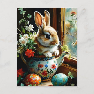 Easterbunny met geschilderde eieren bloemstukken briefkaart