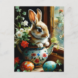Easterbunny met geschilderde eieren bloemstukken briefkaart