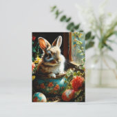 Easterbunny met geschilderde eieren en bloemen briefkaart (Staand voorkant)