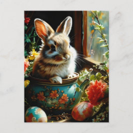 Easterbunny met geschilderde eieren en bloemen briefkaart