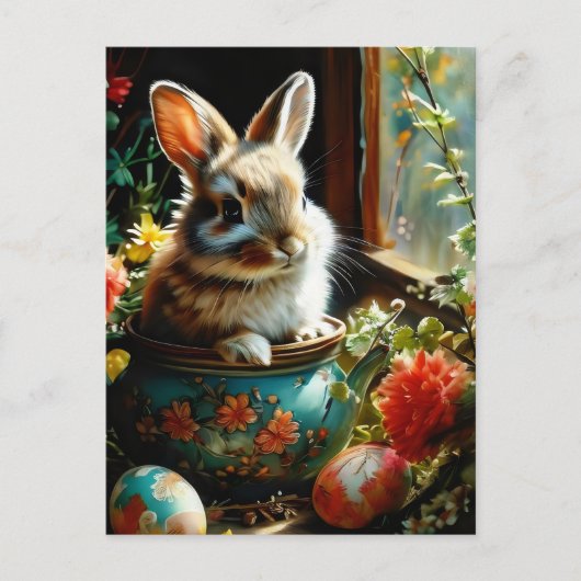 Easterbunny met geschilderde eieren en bloemen briefkaart (Voorkant)