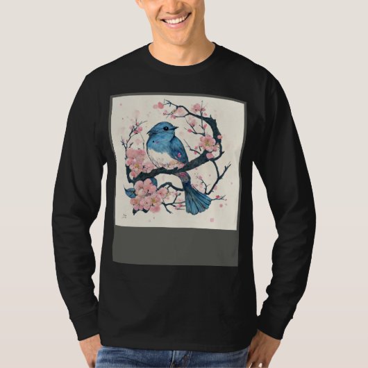 Eastern Blue Bird and Sakura Blossom Branch T-shirt (Voorkant)