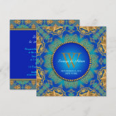 Eastern Blue Gold Satin Lace Monogram Uitnodiging (Voorkant / Achterkant)