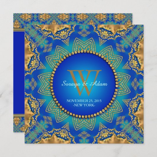 Eastern Blue Gold Satin Lace Monogram Uitnodiging (Voorkant / Achterkant)
