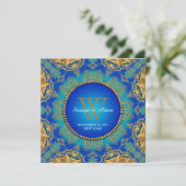 Eastern Blue Gold Satin Lace Monogram Uitnodiging (Staand voorkant)