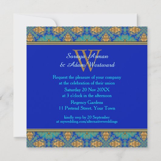 Eastern Blue Gold Satin Lace Monogram Uitnodiging (Achterkant)
