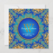 Eastern Blue Gold Satin Lace Monogram Uitnodiging (Voorkant)