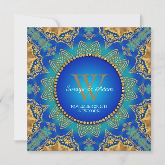 Eastern Blue Gold Satin Lace Monogram Uitnodiging (Voorkant)