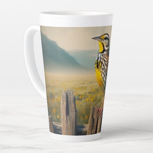 Eastern Meadowlark op een rustieke hek Latte Mok (Linkerhoek)