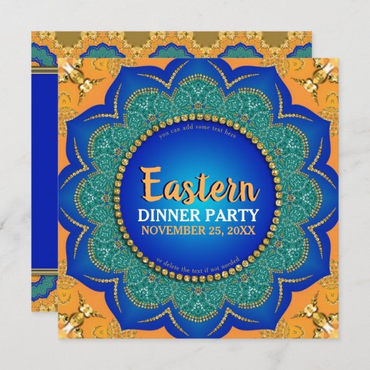 Eastern Spice Oranje Royal Blue Gold Dinner Party Kaart (Voorkant / Achterkant)