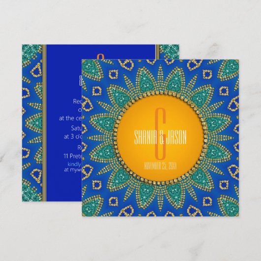 Eastern Sun Royal Blue Blauwgroen Monogram Invitat Kaart (Voorkant / Achterkant)