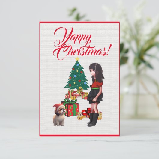 Easy Custom Cute Shih Tzu With  Girl Xmas Card Bedankkaart (Staand voorkant)