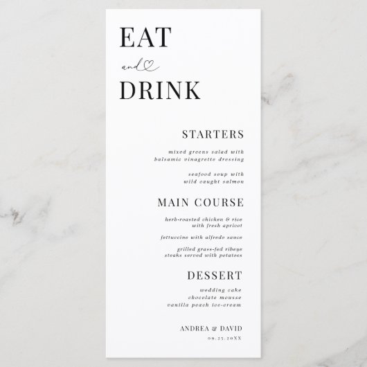 Eat and Drink Heart Script Minimal White Wedding Menu (Voorkant)