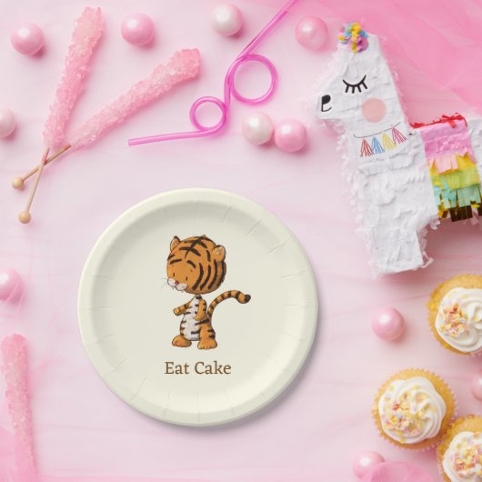 Eat Cake Cute Oerwoud Tiger Illustration Birthday Papieren Bordje (Feest)